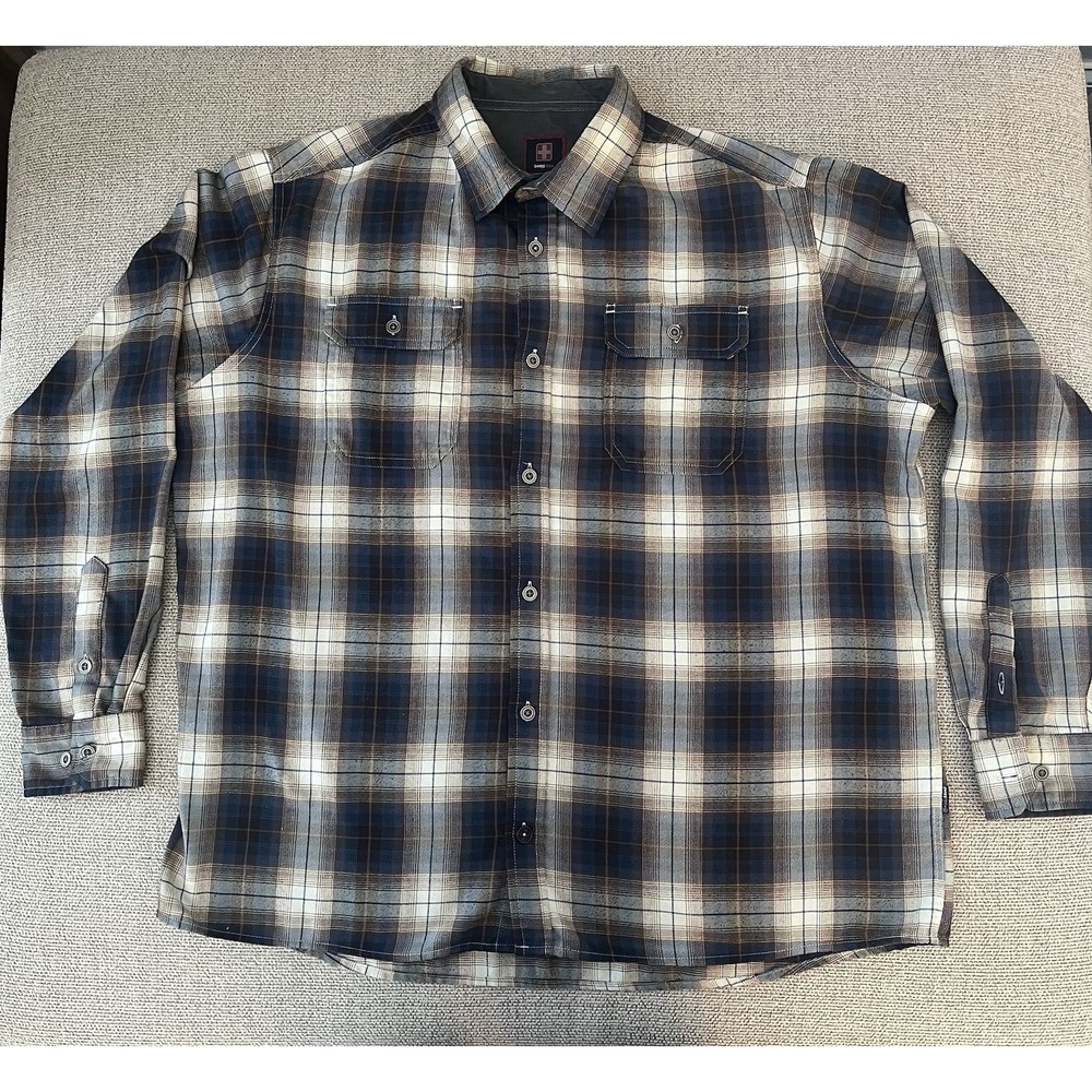 Swiss Tech Flannel Shirt Mens XL Blue Tan Plaid Long Sleeve Excellent‎ Button Up